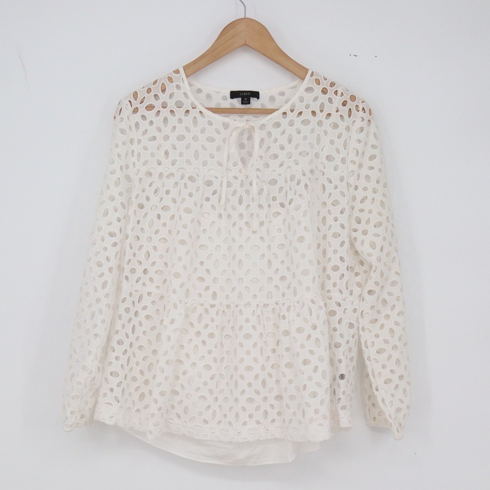 J.Crew Blouse Womens M Eyelet Peplum White Long Sleeve Tie-Neck Excellent